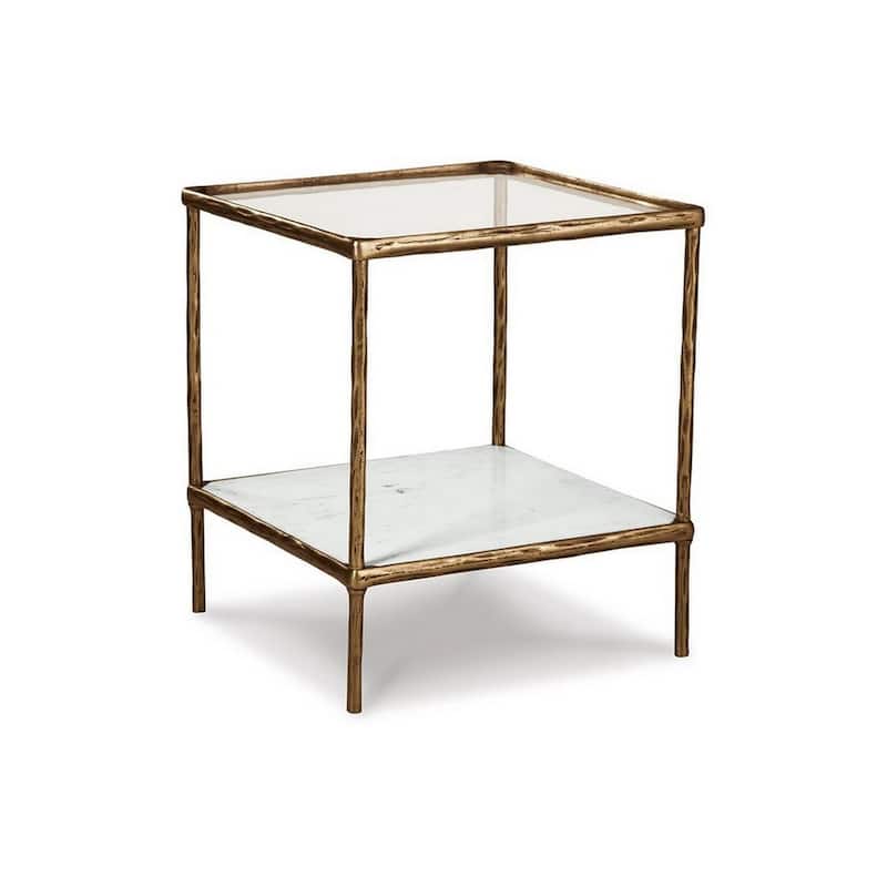 Dalie 25 Inch Accent Table, Square Glass Tabletop, Marble, Antique Gold