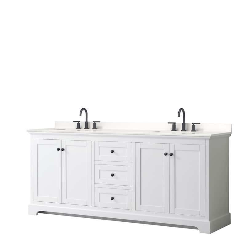 Avery 80-inch Double Vanity, Quartz Top - White, Black Trim, White Quartz Top