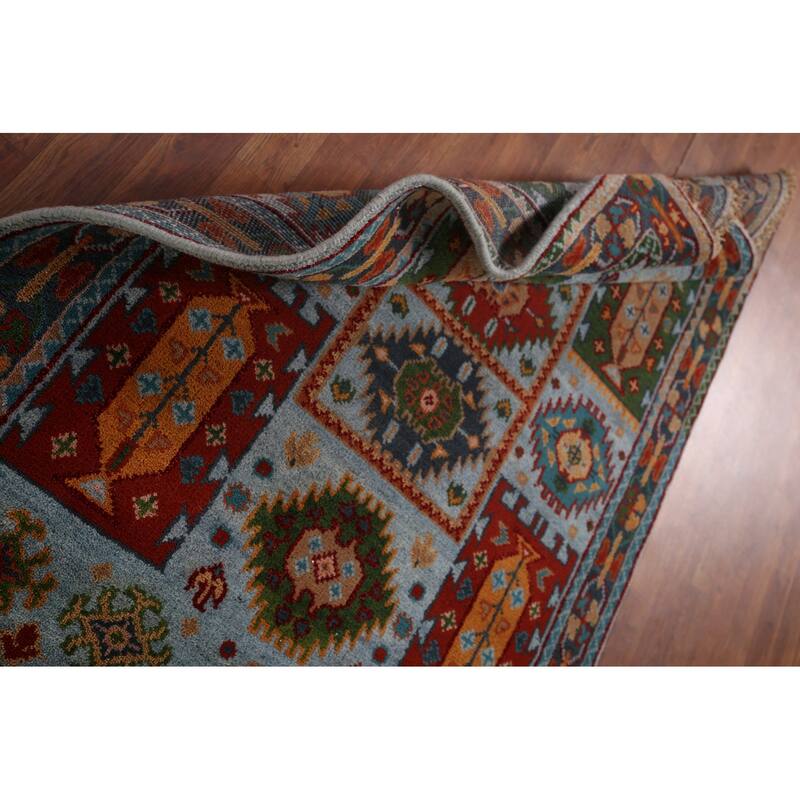 Blue Geometric Oushak Oriental Area Rug Hand-Knotted Wool Carpet - 3'11"x 5'11"