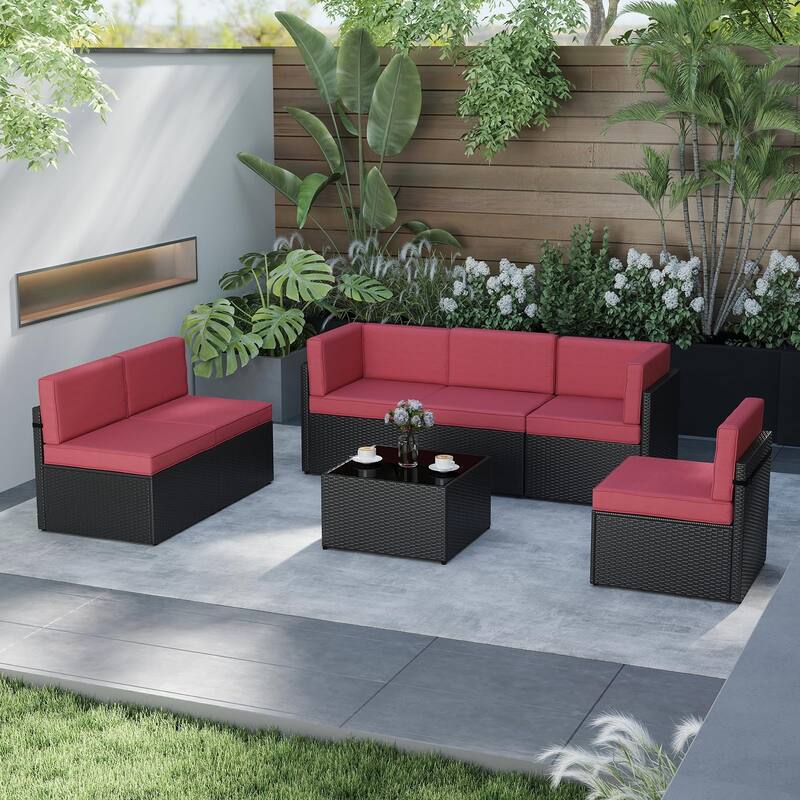 7PC Outdoor Patio Furniture Set, Wicker Patio Sectional Furniture Set with Coffee Table & Cushion for Garden, Backyard, Poolside - wine red