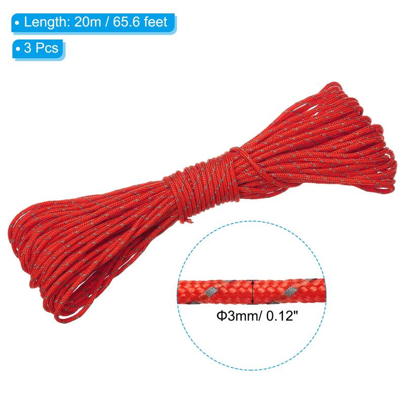Reflective Guyline Camping Paracord，3 Pack Tent Cord Rope - Bright Red - 3mm/ 0.12"