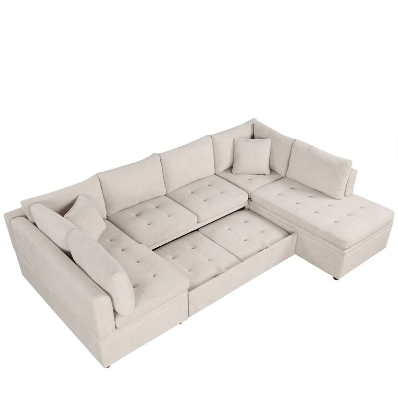 117" U-Shaped Oversized 6-Seat Sectional Sofa with Chaise, Pull-Out Bed, and 2 Detachable Throw Cushions