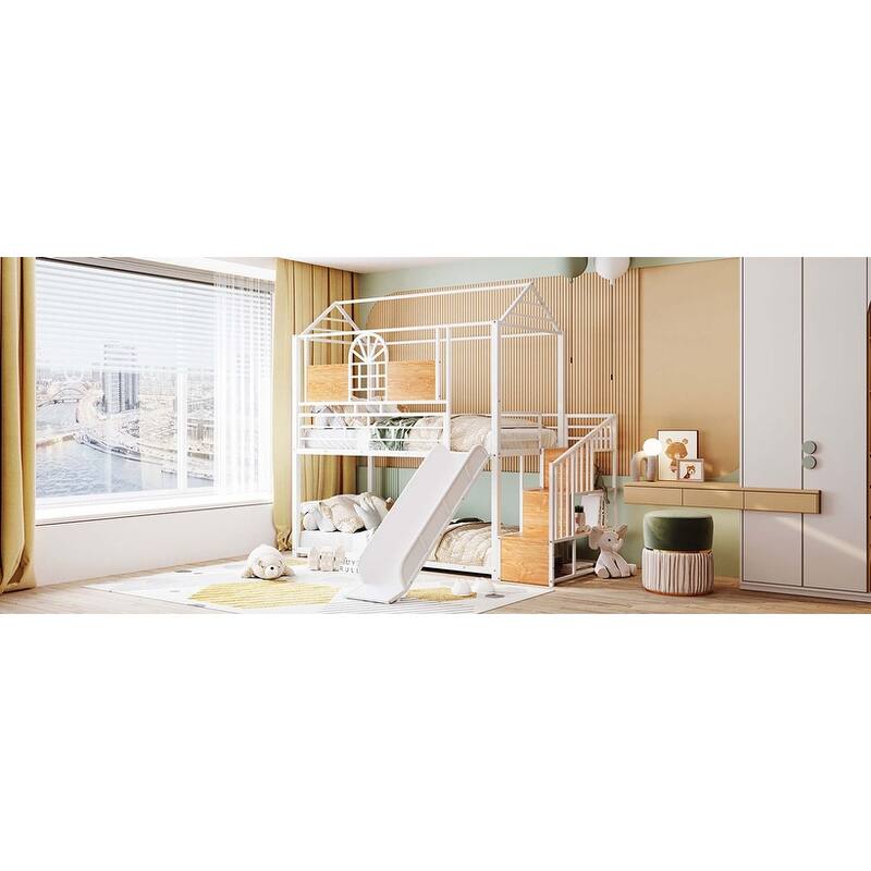 Metal Housebed Bunk Bed with Slide & Storage Stair