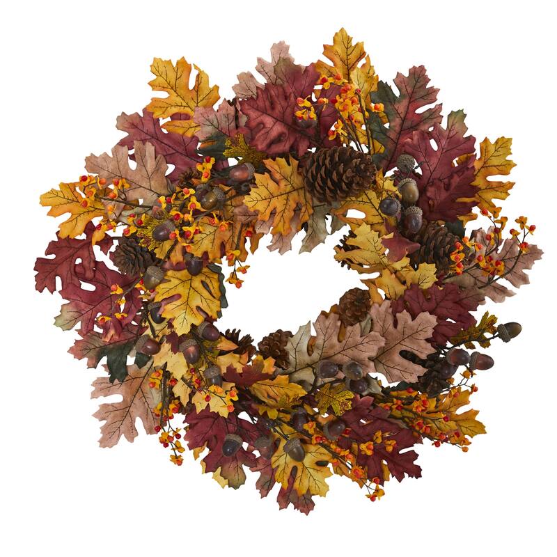 Oak Leaf with Acorn and Pine Artificial Fall Harvest Wreath, 24-Inch, Unlit