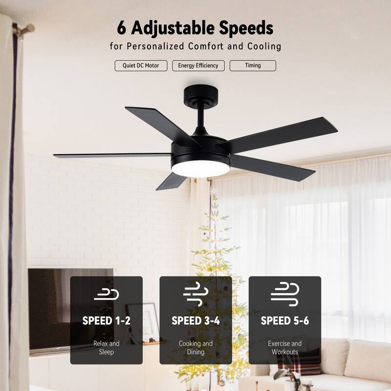 48" Modern Black Dimmable Integrated LED Smart Ceiling Fan with Light and App Control