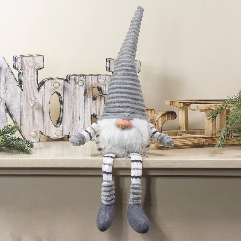Striped Sitting Gnome Christmas Figure - 22" - Gray, White and Black