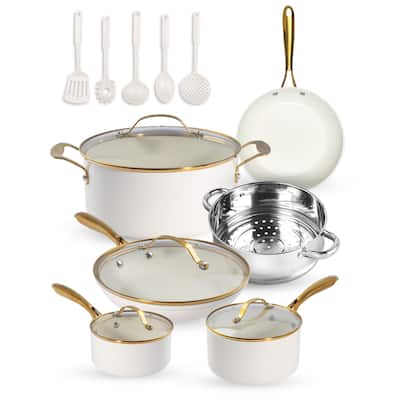 Gotham Steel Cream Pots and Pans 15 Piece Ultra Nonstick Ceramic Cookware Set with Utensils