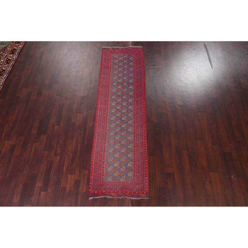 Hand Knotted Oriental 100% Wool Carpet Traditional Floral Navy Blue & Blues Balouch Runner Rug - 9' 5'' X 2' 8''