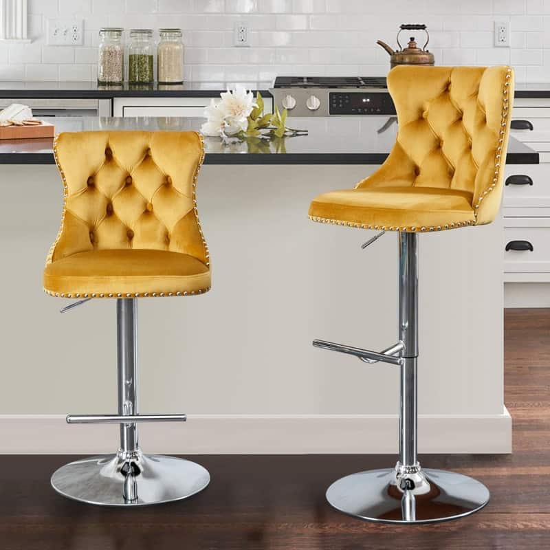 Velvet Upholstered Nailheads Tufted Swivel Bar Stools (Set of 2)