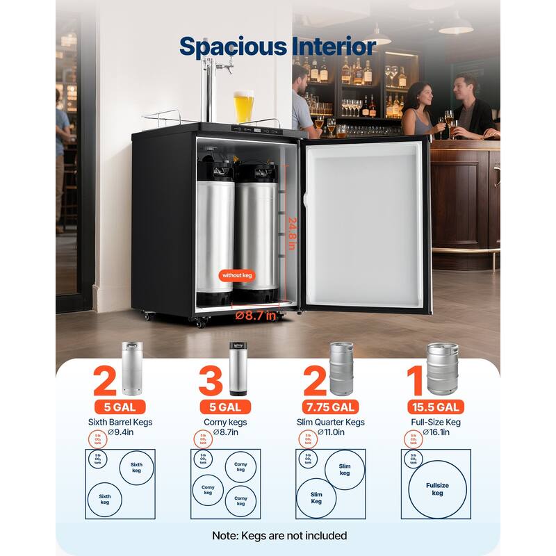 Beer Kegerator with 2 Faucets and CO2 Tank, Full Size, 162L - 23.7 x 30.1 x 53.1 in