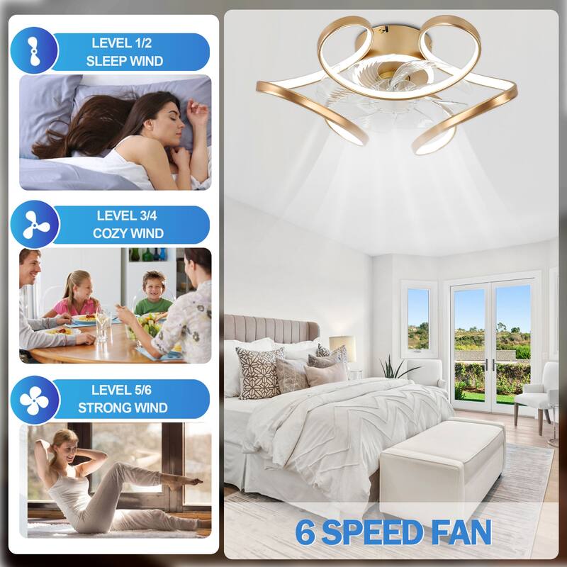 Cusp Barn 22" Modern Low Profile Ceiling Fan with Lights, 6 Speed Flush Mounted Geometric LED Ceiling Fan Fandelier for Bedroom
