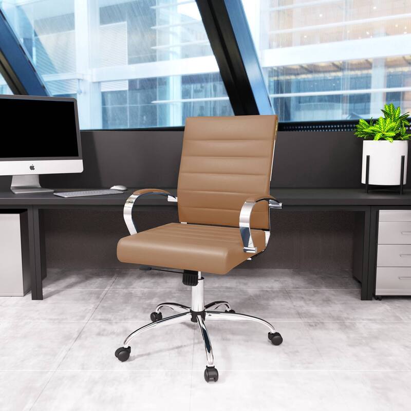 LeisureMod Benmar Mid-Back Swivel Leather Office Chair W/ Chrome Base - Brown