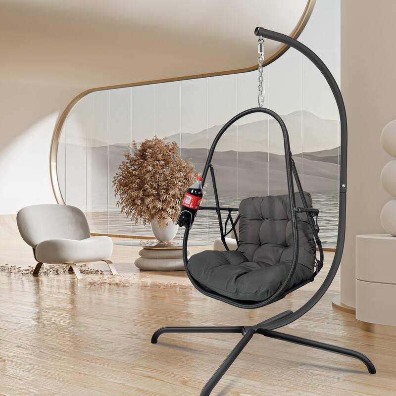 Hanging Swing Egg Chairs Foldable Hanging Basket Chair with Cup Holder