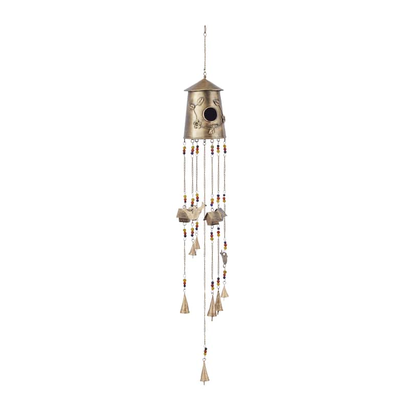 Metal Handmade Birdhouse Indoor Outdoor Windchime with Glass Beads and Bells - Bronze - Roche River Decor