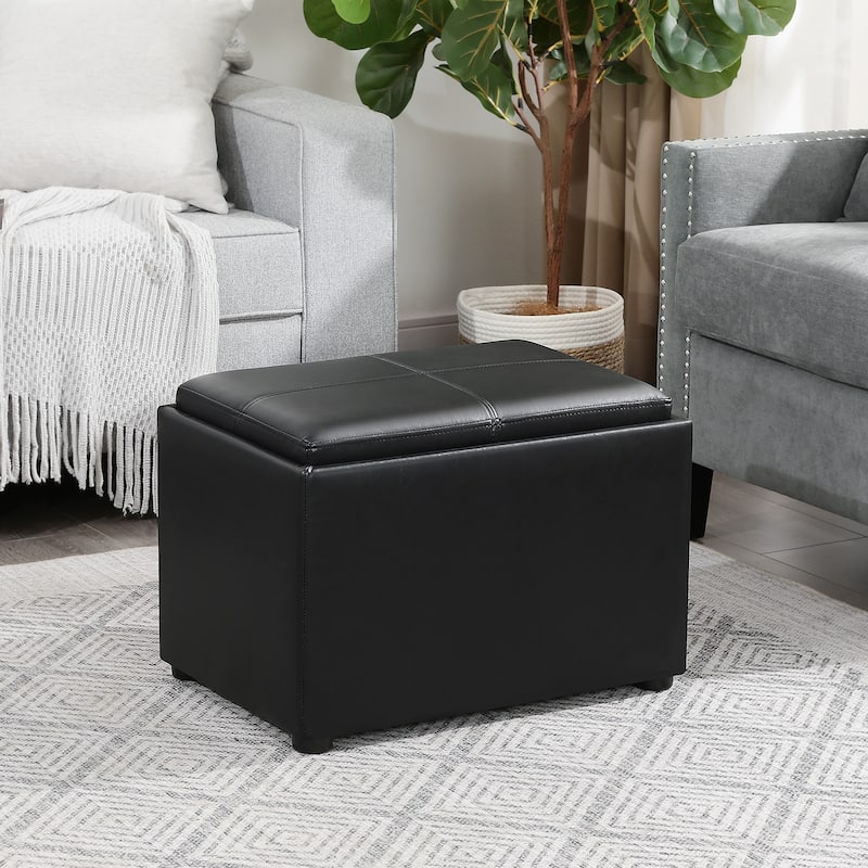 Adeco Faux Leather Rectangle Storage Ottoman with Reversible Tray
