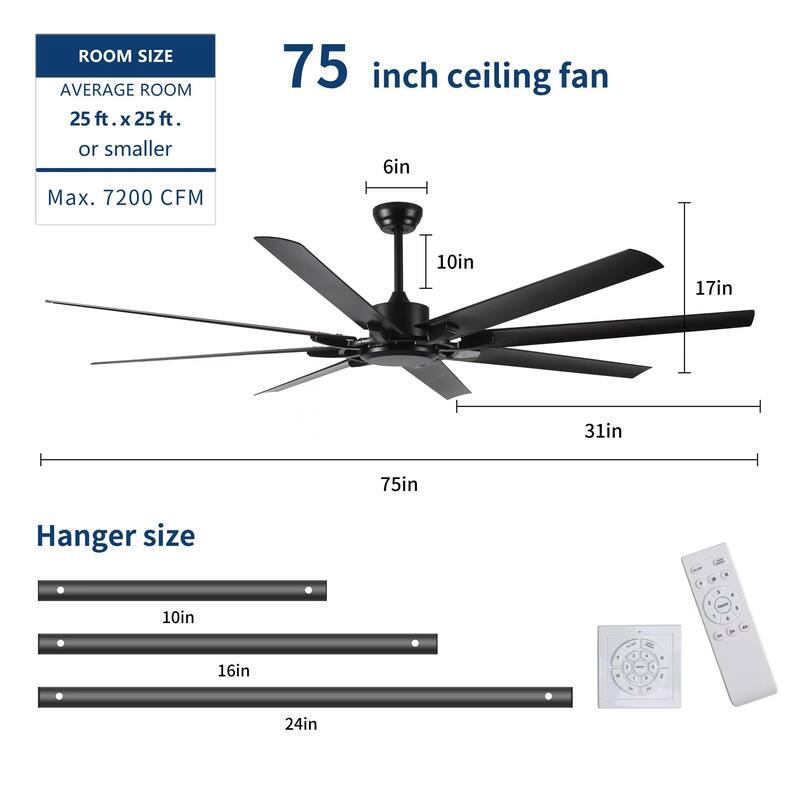 72 Inch 6 Speed Ceiling Fan No Light with Remote Control, Reversible Airflow Ceiling Fan with 3 Down Rods (10/16/24 in)