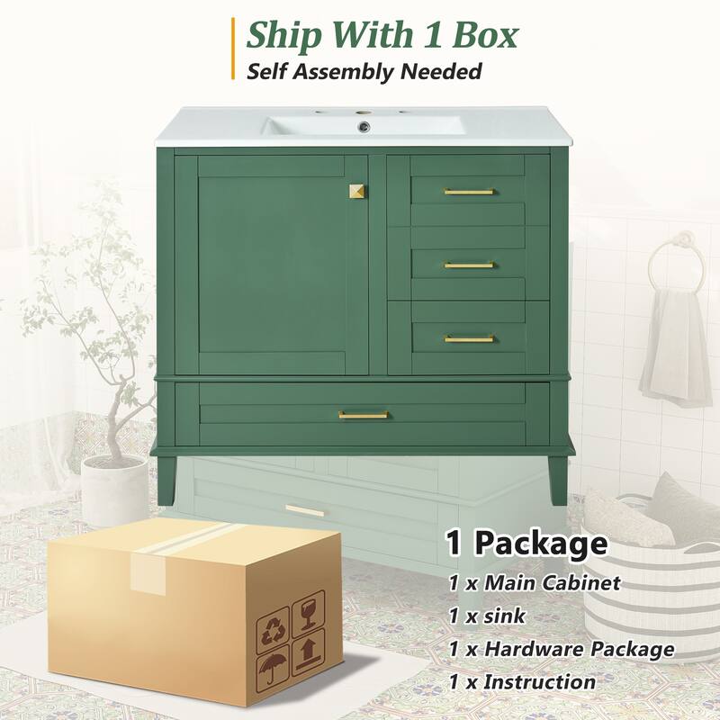 Simple Freestanding Bathroom Vanity Storage Cabinet with 3 Drawers of Different Sizes, Soft Close Door and Metal Handles
