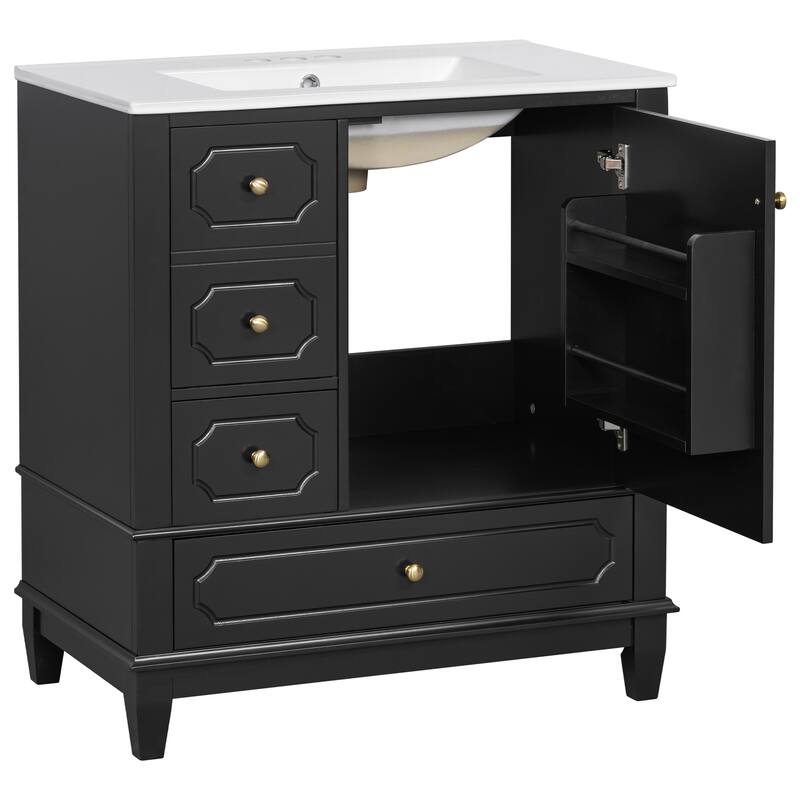 30" Bathroom Vanity With Sink, Freestanding Vanity Cabinet With Ceramic Basin, 3 Drawers, Storage Shelves Included