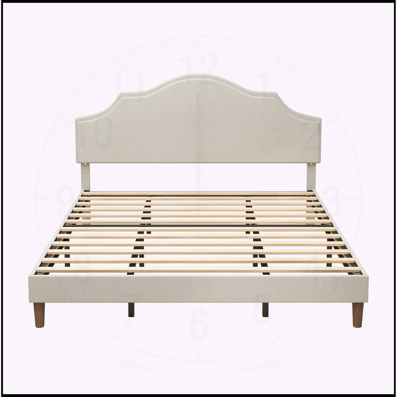Linen Fabric Padded Platform Bed with Adjustable Headboard