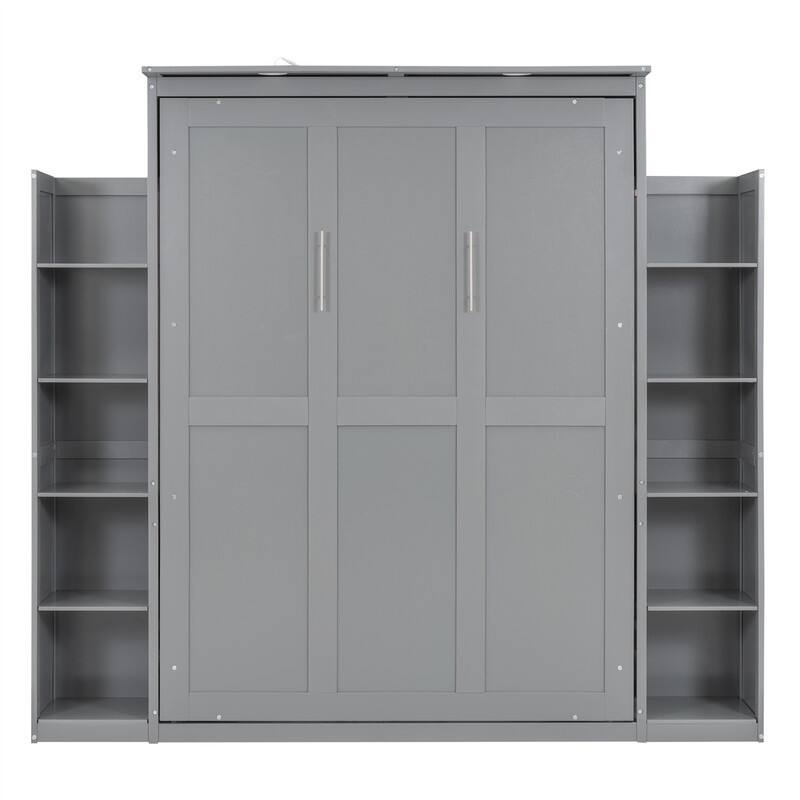 Solid Wood Murphy Wall Bed w/ LED Lights & Open Storage Shelves, Full/Queen Size Folding Murphy Cabinet Bed, Space Saving Design