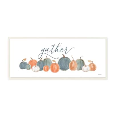 Stupell Gather Cursive Script Minimal Autumnal Pumpkins Arrangement Wood Wall Art - Orange