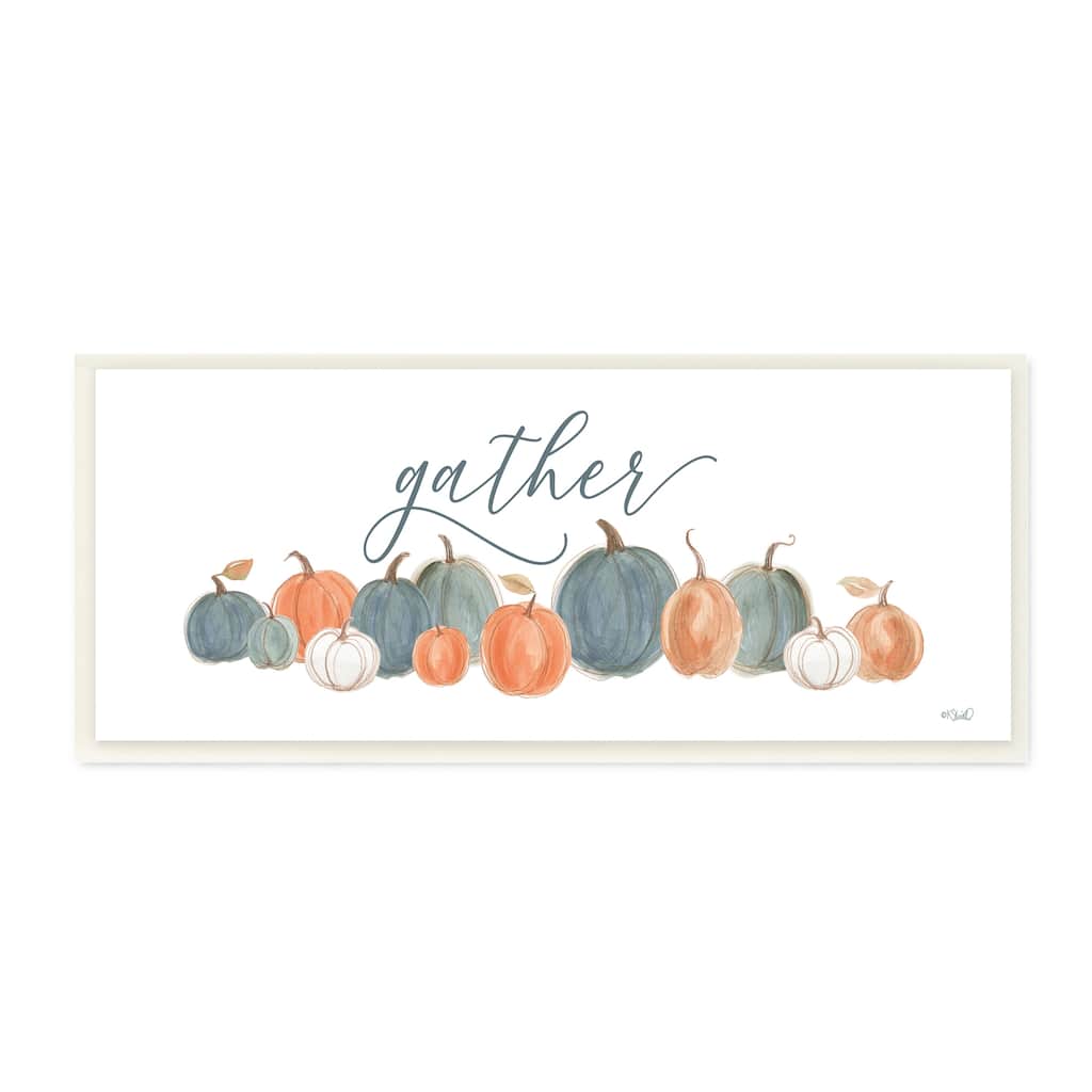 Stupell Gather Cursive Script Minimal Autumnal Pumpkins Arrangement Wood Wall Art - Orange