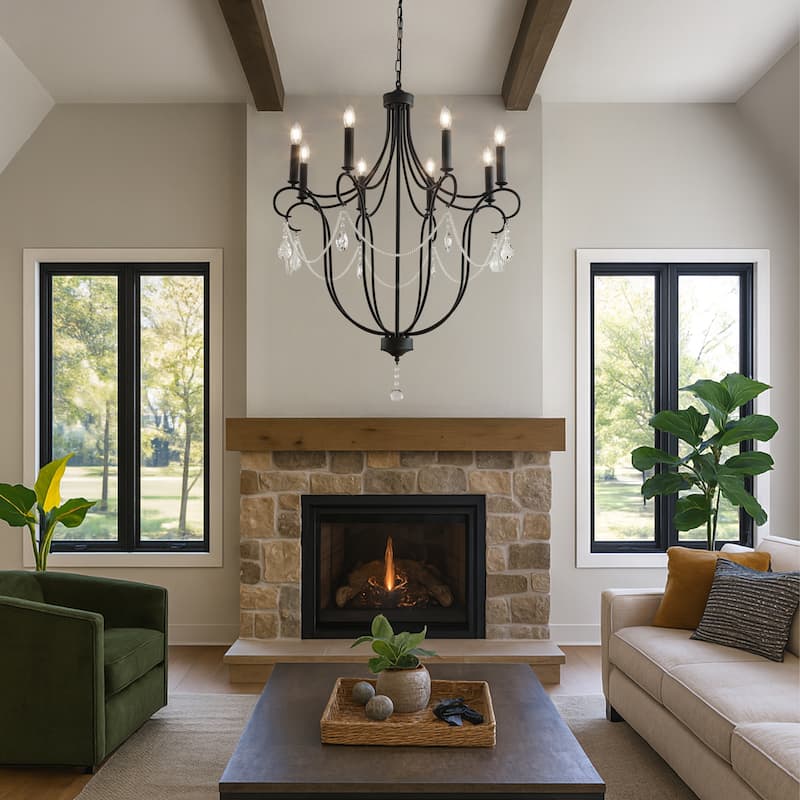 32'' 8-Light Modern Black Mid-Century Modern Candelabra Crystal Chandelier Vintage Candle Pendant Light For Living Room - W32''