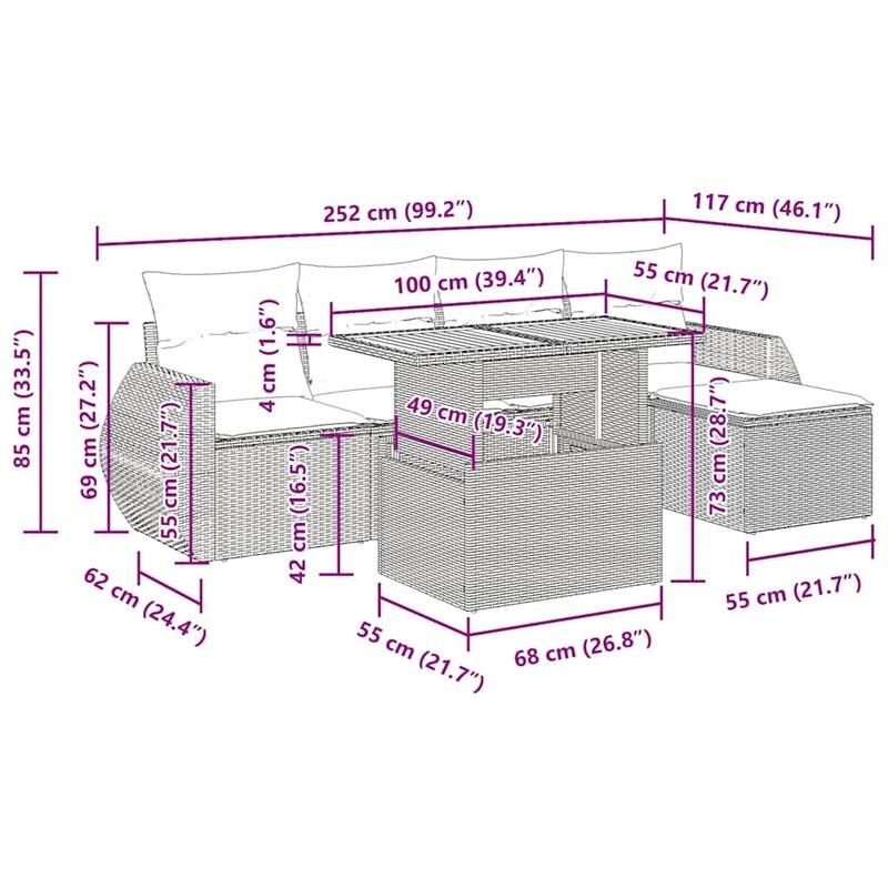 vidaXL Patio Sofa Set with Cushions Modular Sofas and Table 6 Piece Poly Rattan - 21.7 x 39.4 x 28.7