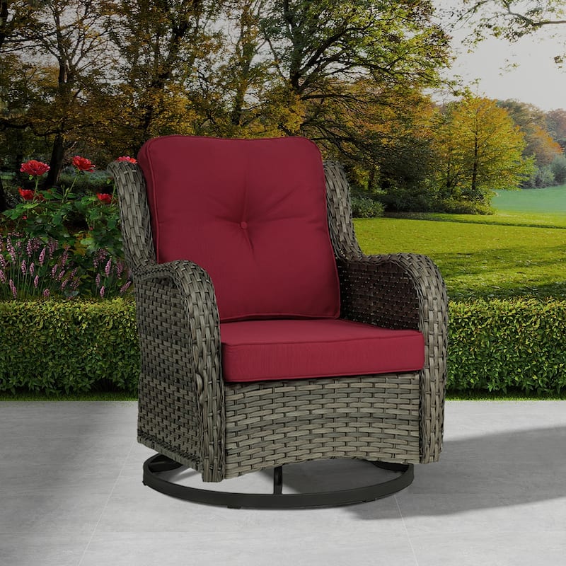 Patio Rattan Chairs Outdoor Wicker Swivel Rocker with Cushion - Red