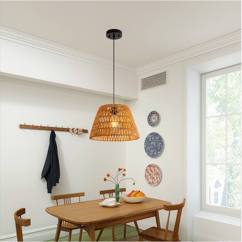YANSUN BOHO Style Single-Light Paper Rope Woven Pendant Light, E26 Socket for Unique Home Décor - Brown - 13.8*13.8*8.7