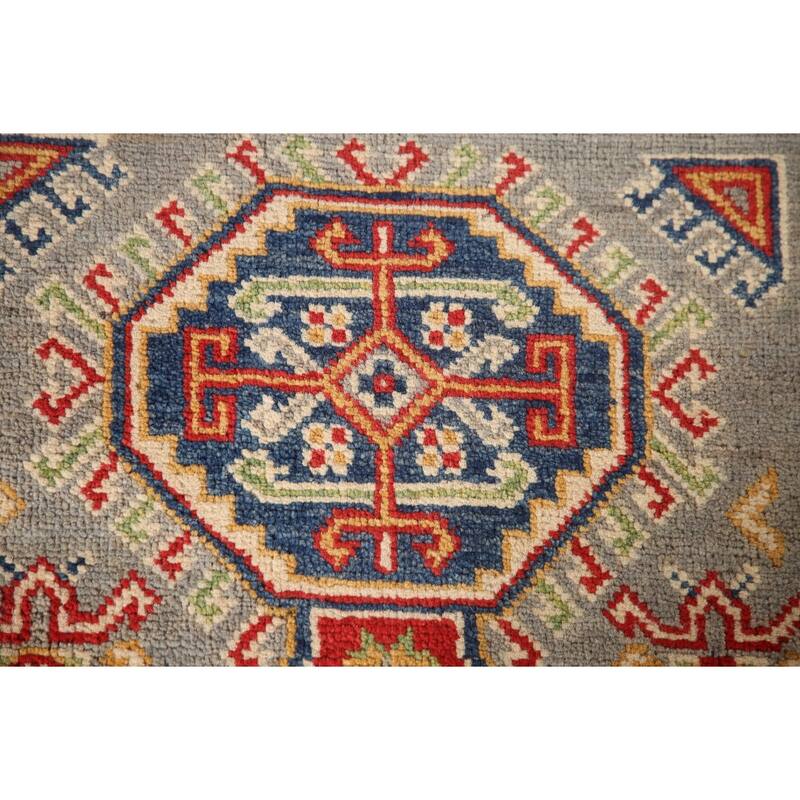 Geometric Kazak Oriental Accent Rug Handmade Grey Wool Carpet - 2'8" x 4'2"