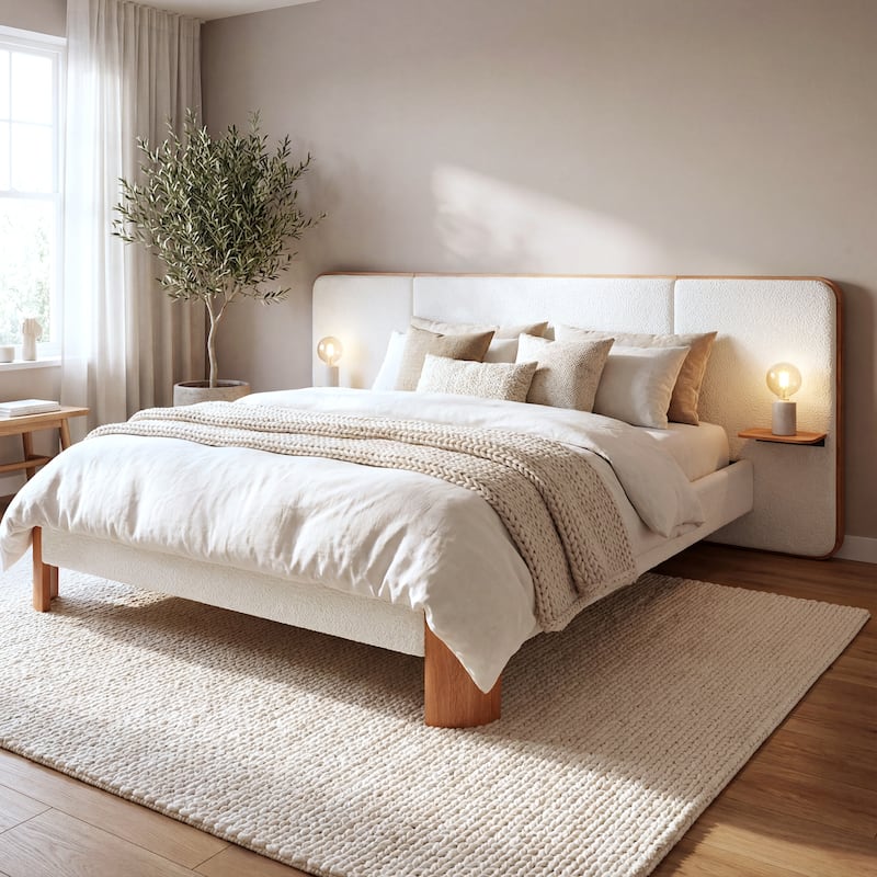 Christopher Knight Home - Modern Boucle Upholstered Platform Bed with Built-In Floating Shelves - White+Natural