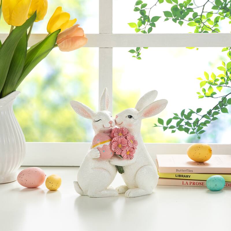 Glitzhome Easter Resin Bunny Table Decor Rabbit Figurines Lovely Gifts - Bunny Couple