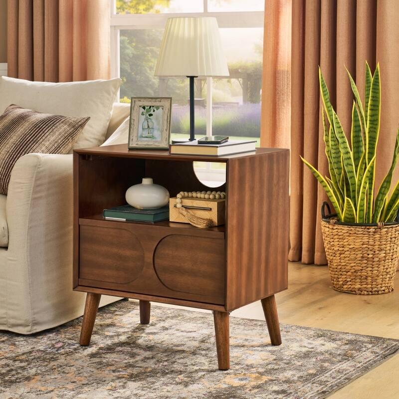 Mid-Century Modern Fluted Nightstand with Charging Station USB Ports,Outlet Hole,4 Solid Wood Legs