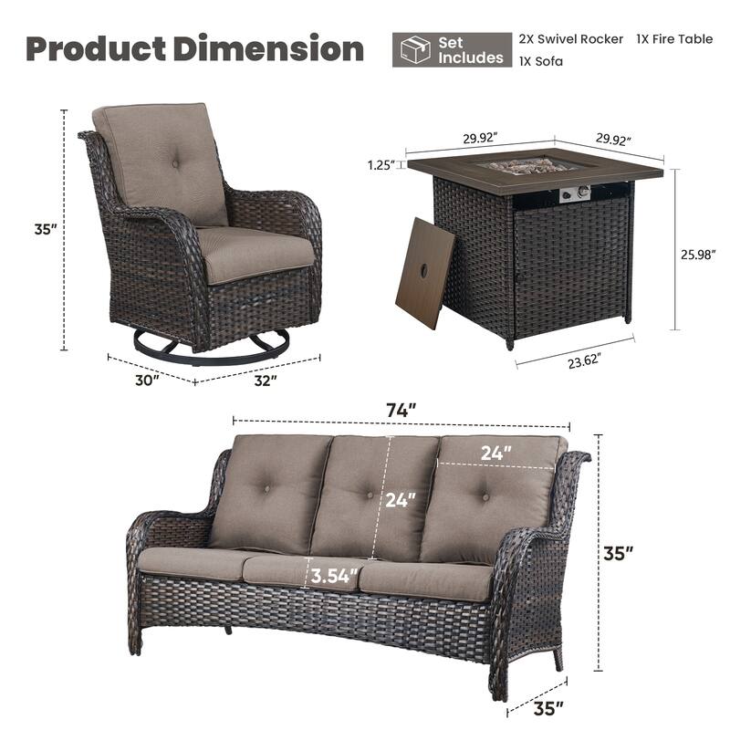 Gymojoy 4-Piece Outdoor Wicker Patio Furniture with Fire Pit Table, Rattan Coversation Set with Water Resistant Thick Cushions
