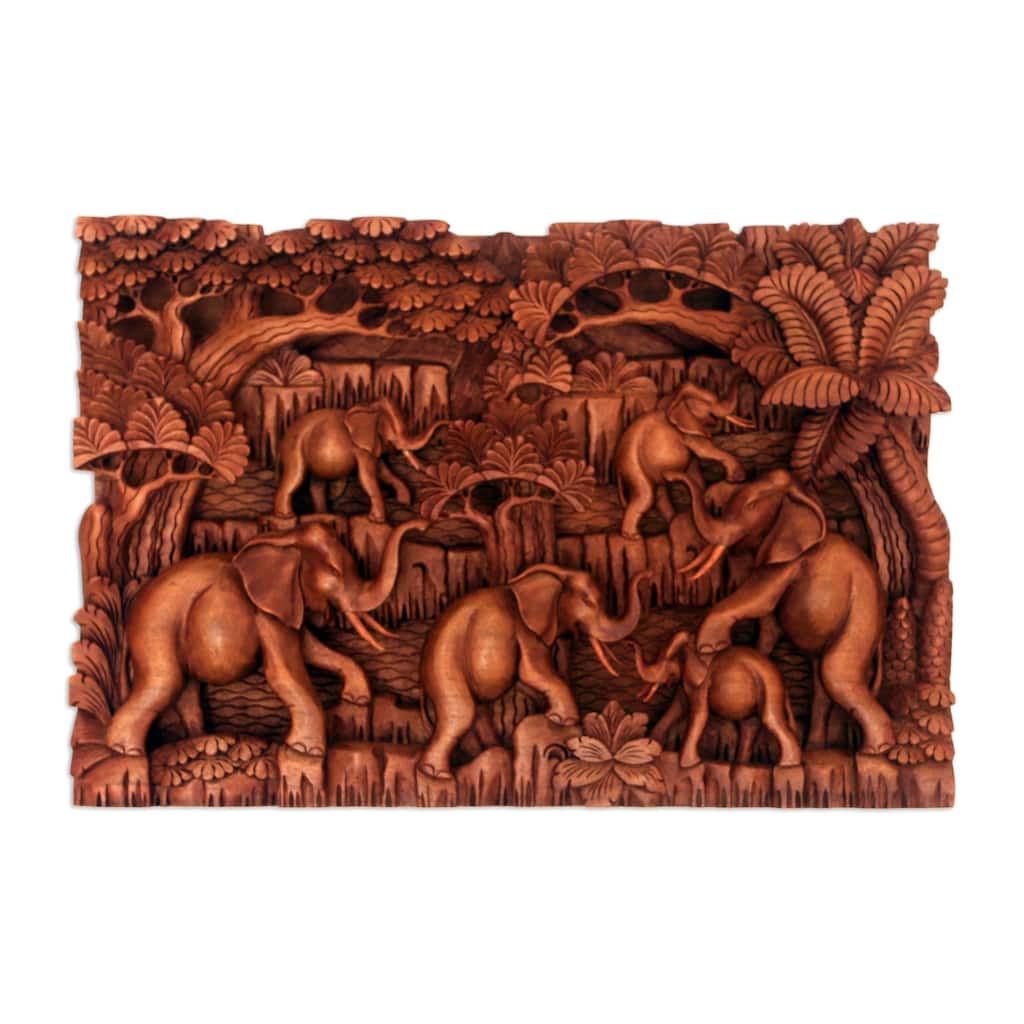 Novica Handmade Elephant Life Wood Relief Panel