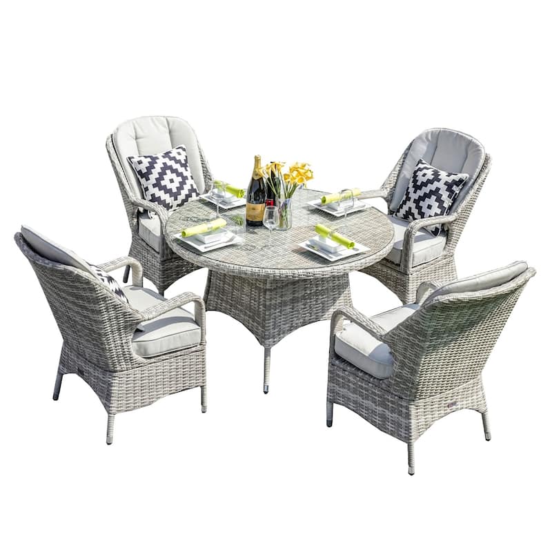 Outdoor 5-piece Aluminum Dining Set with Round Glass Table and 4 Wicker Chairs - Off White