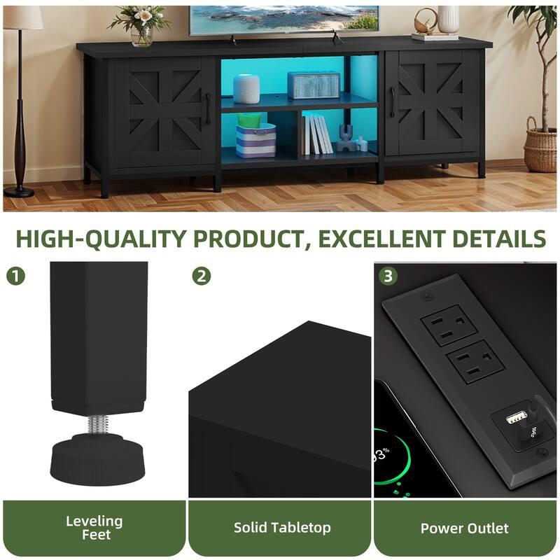 Moasis Farmhouse TV Stand with LED & Charging, Storage Cabinet and Shelves for TVs up to 70", Black