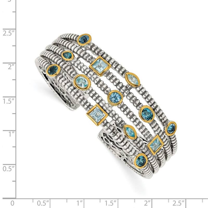 Curata 925 Sterling Silver Bezel Polished With 14k Blue Topaz Cuff Stackable Bangle Bracelet