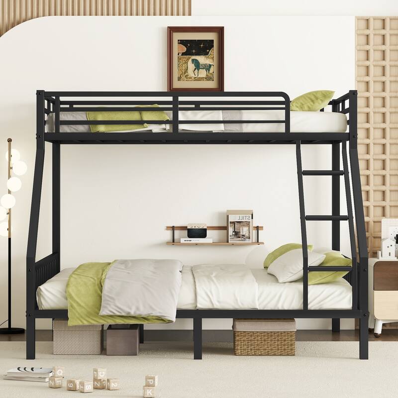 Modern Full XL Over Queen Size Metal Frame Bunk Bed with Ladder and Slats Support, Black - Twin XL