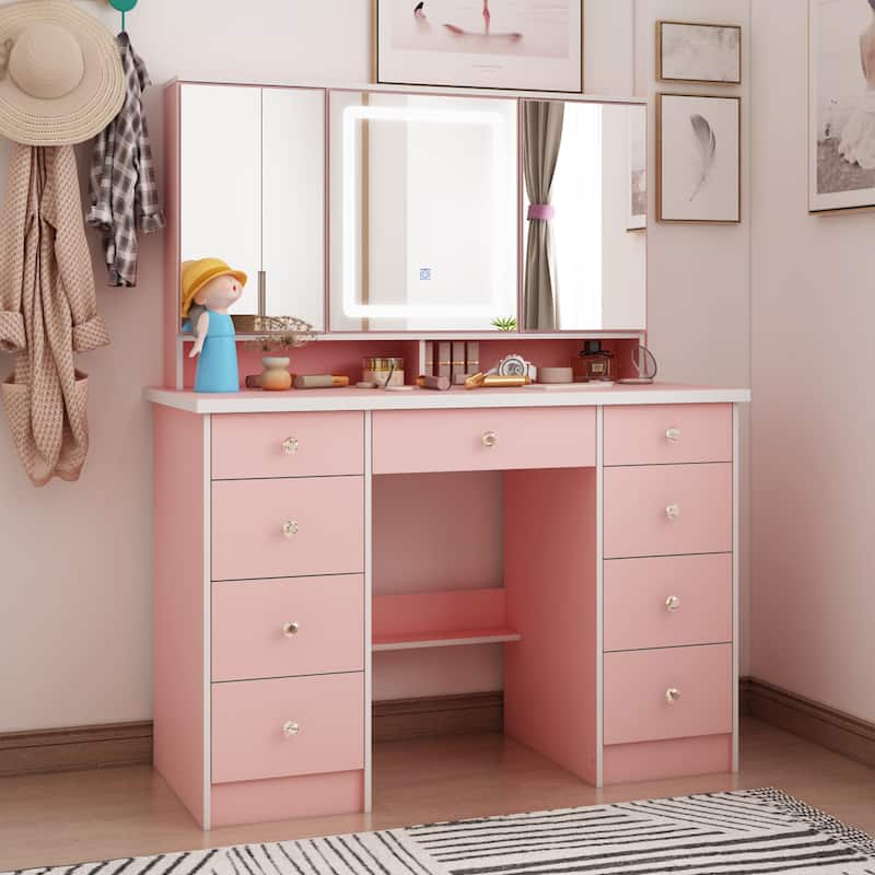 Vanity Desk with Mirror and Lights, Large Makeup Vanity Dressing Table - Pink