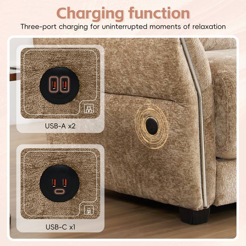 Modular Sectional Sofa Set with Petal Armrest Design External USB and Type-C Charger, Movable Ottoman, Chenille