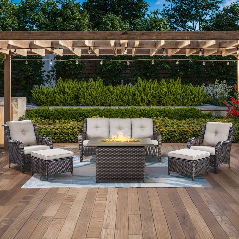 Gymojoy 6-Piece Outdoor Wicker Patio Furniture with Fire Pit Table, Rattan Coversation Set with Water Resistant Thick Cushions - Brown Wicker / Beige Cusion - 6-Piece