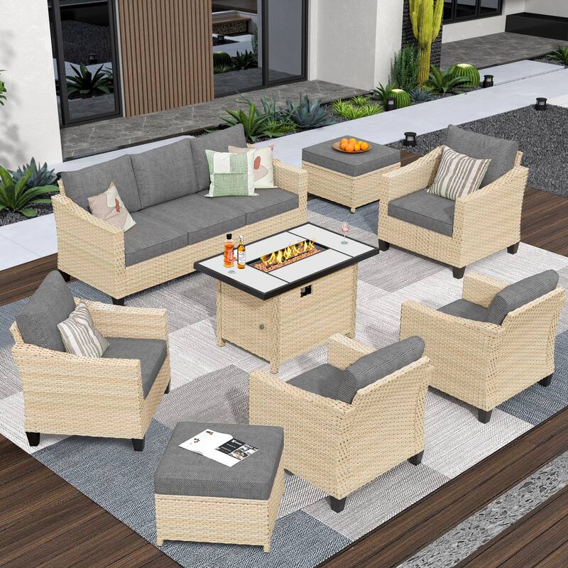 HOOOWOOO 8-piece Wicker Patio Furniture Conversation Set with Fire Pit Table - Dark Grey