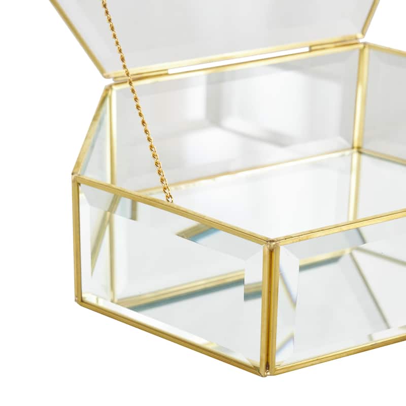 Glass Geometric Beveled Hexagon Decorative Jewelry Box with Gold Metal Frame- Set of 2 Clear - Roche River Decor
