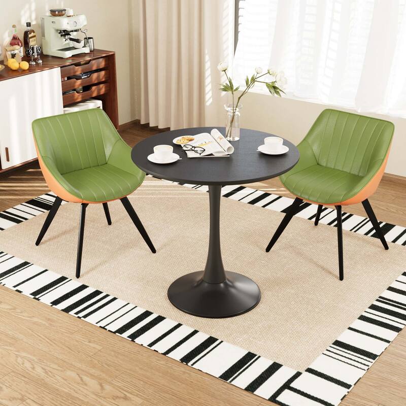 31.5 " MDF round dining table, tulip dining table, and 2 artificial leather decorative chairs with black metal legs - Black+Green