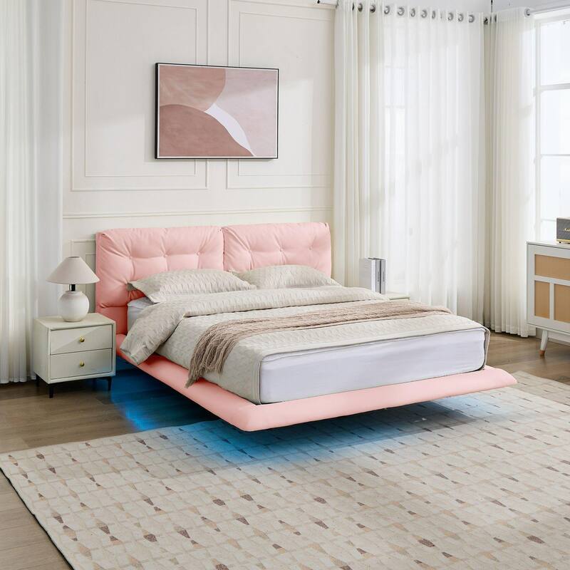 Christopher Knight Home- Lorcan PU Leather Floating Bed Frame with LED Lights and Button-Tufted Headboard - Pink