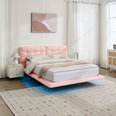 Christopher Knight Home- Lorcan PU Leather Floating Bed Frame with LED Lights and Button-Tufted Headboard