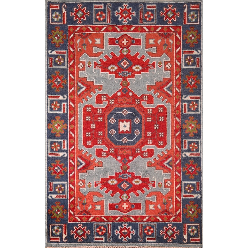 Geometric Kazak Indian Area Rug Handmade Wool Carpet - 4'0"x 5'11"