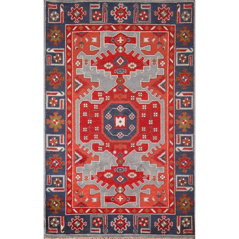 Geometric Kazak Indian Area Rug Handmade Wool Carpet - 4'0"x 5'11"